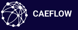 CAEFlow horizontal logo with network sphere and text on navy background