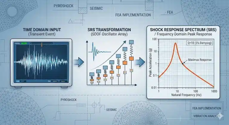 Diagram illustrating the Shock Response Spectrum (SRS) calculation process: transforming a time-domain transient event into a frequency-domain peak response curve using an array of SDOF oscillators.